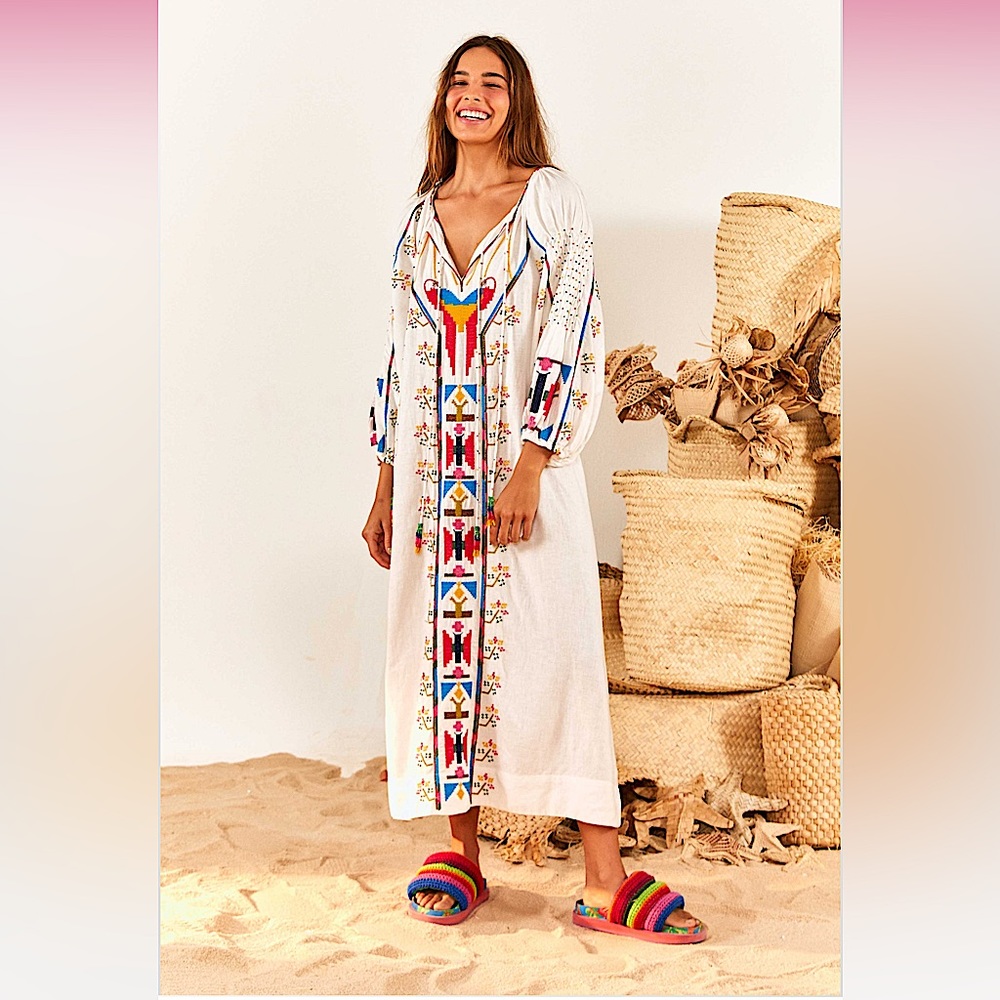 FARM RIO Embroidered Macaw Linen Caftan Midi Dress